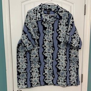 Vintage Hawaiian Button Navy Blue White Floral Men's Shirt